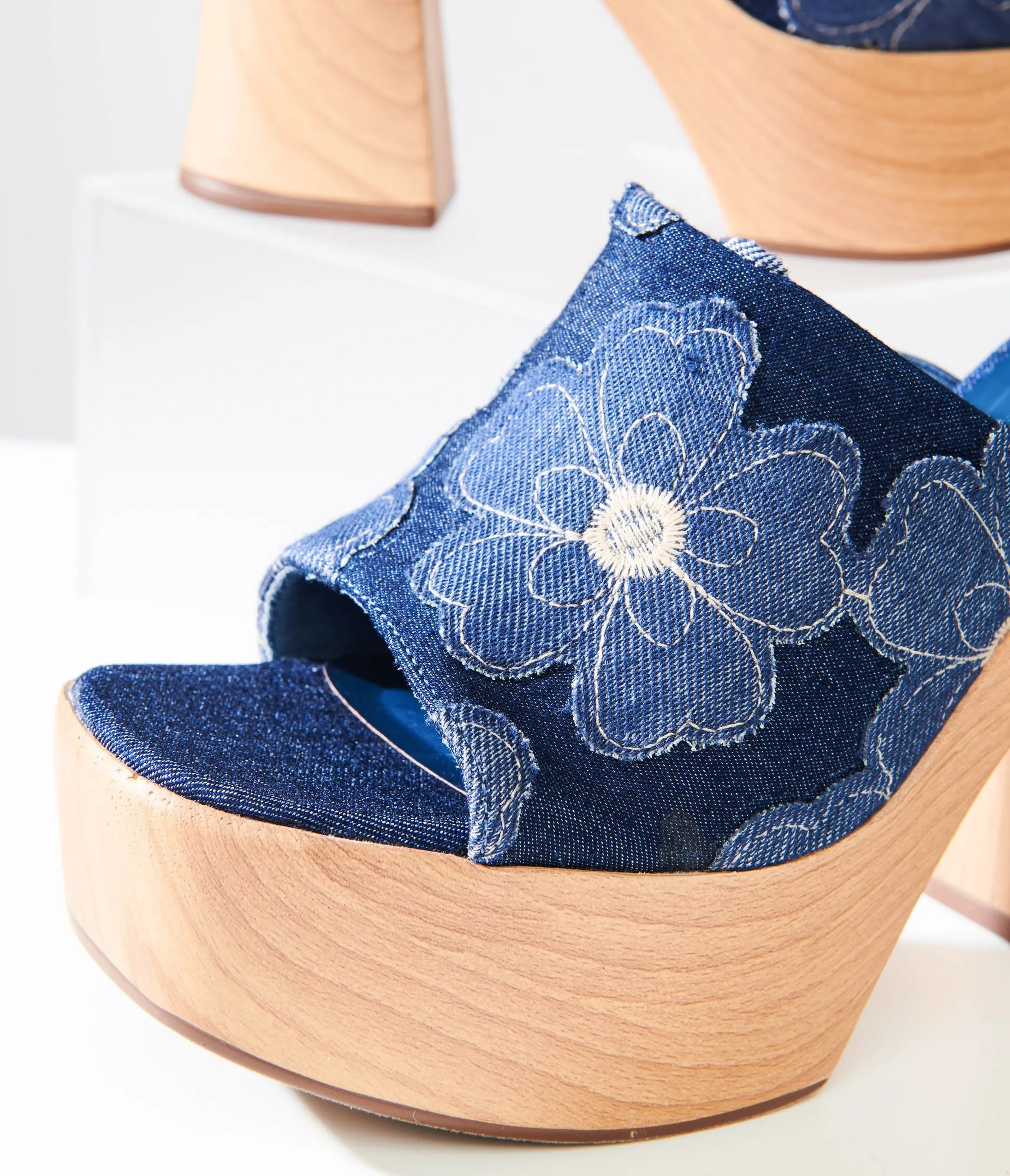 1970s Blue Denim Floral Platform Mule Sandals