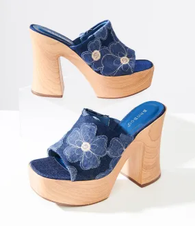 1970s Blue Denim Floral Platform Mule Sandals