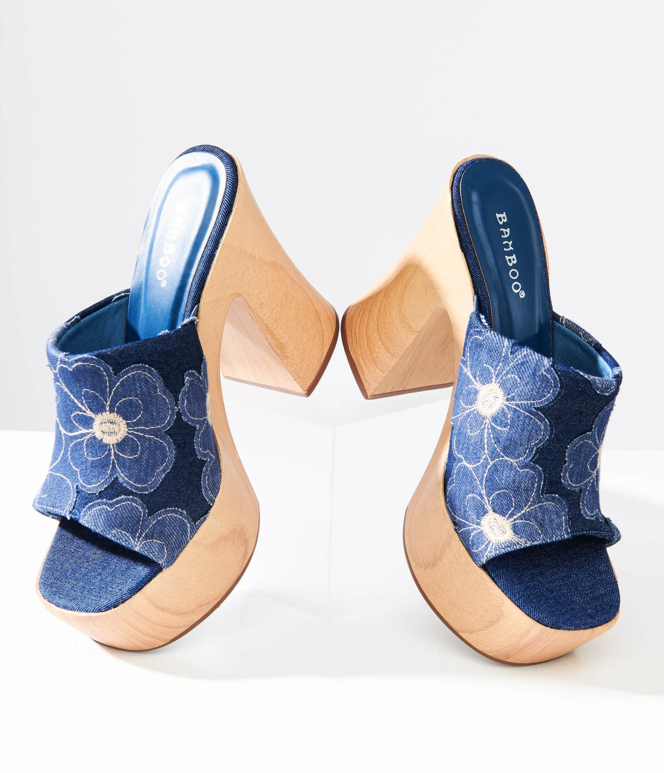 1970s Blue Denim Floral Platform Mule Sandals