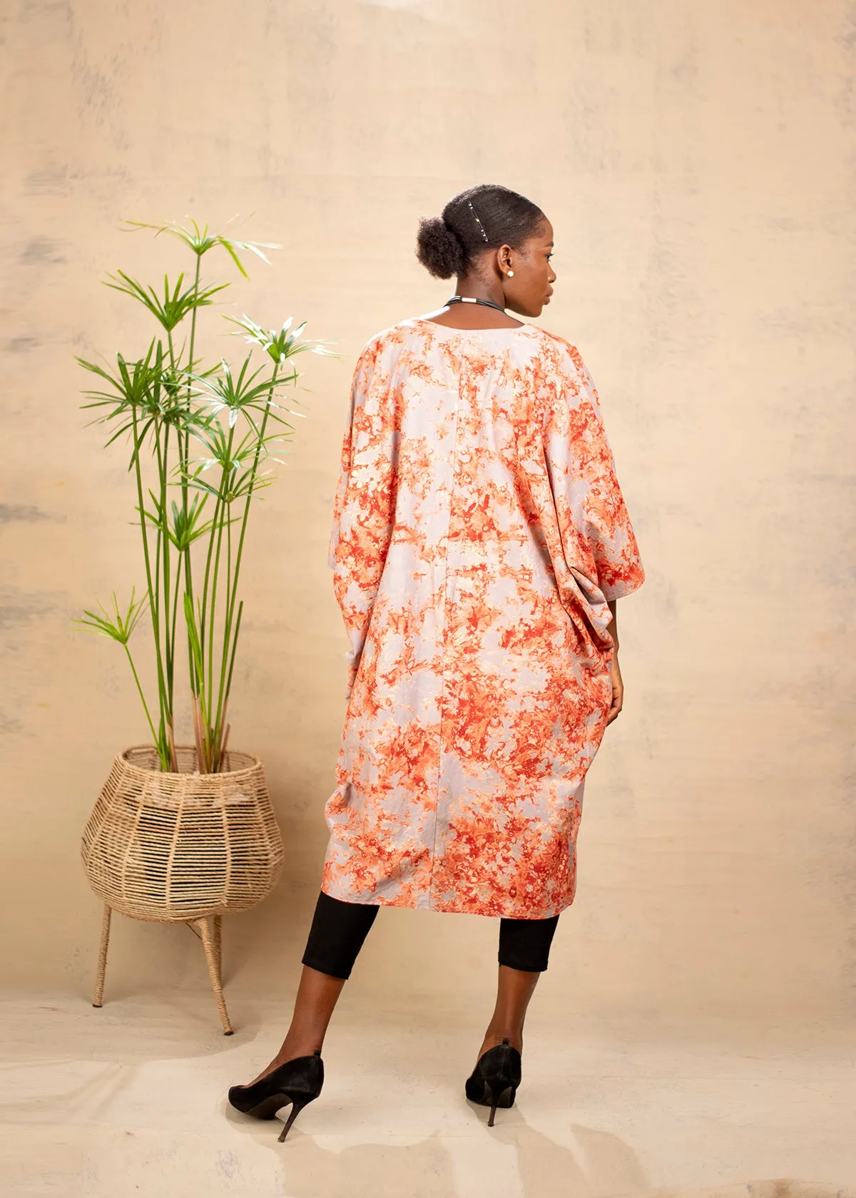 AIMAS Basan Orange Printed Adire Kimono