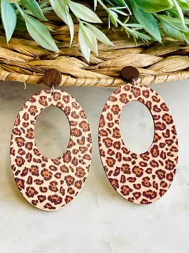 Avery Leopard Wooden Oval Earrings