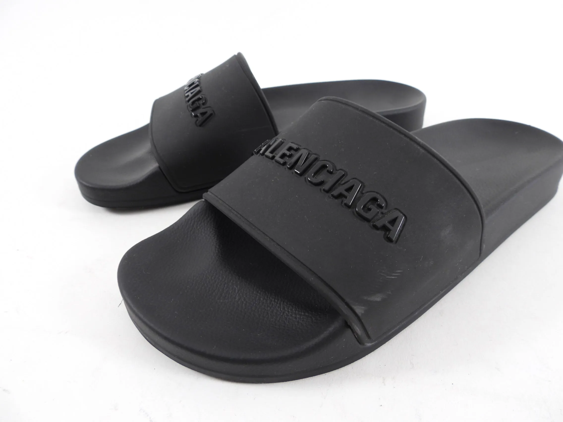 Balenciaga Black Rubber Logo Pool Slides - 37