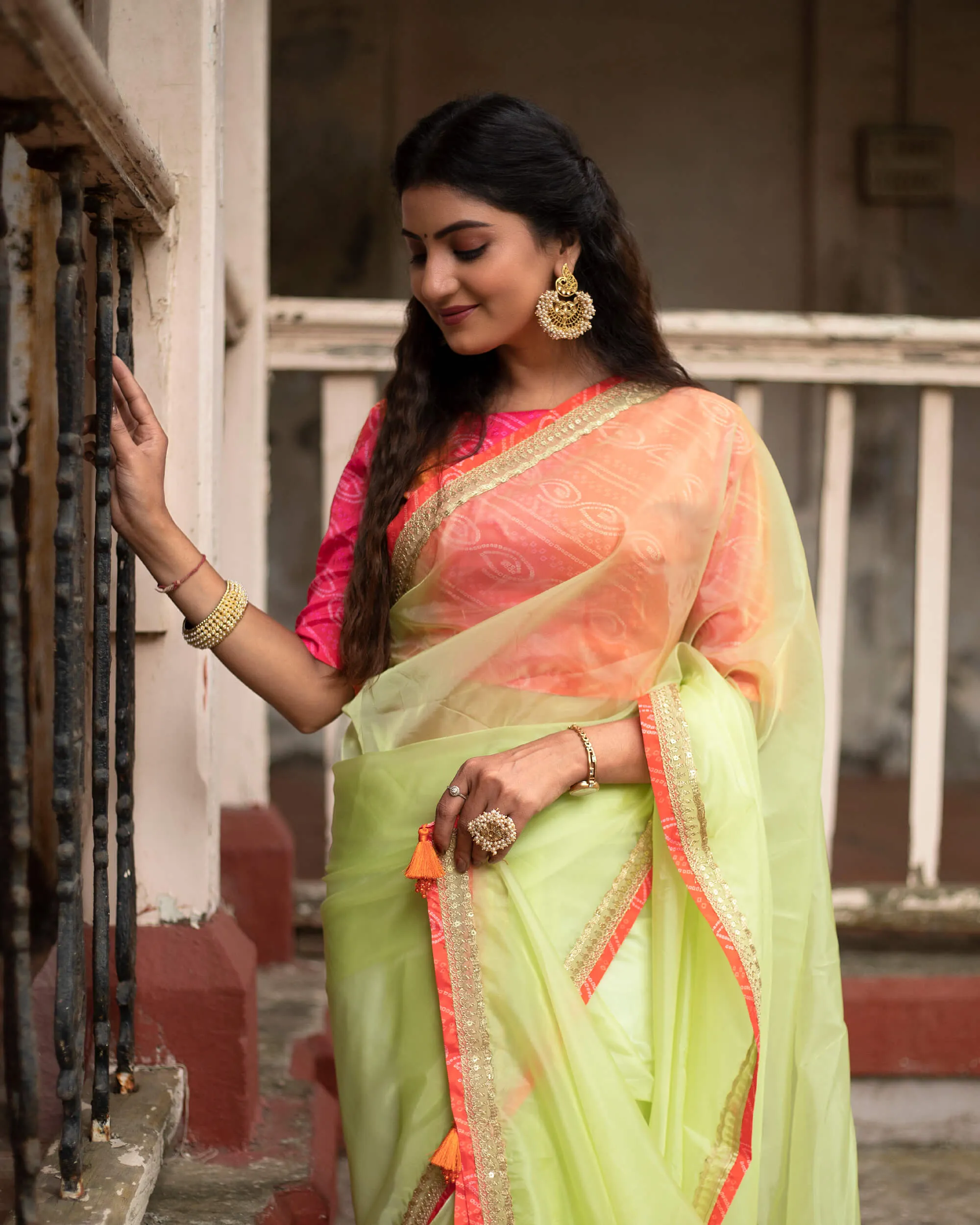 Basil Green Plain Liquid Organza Saree With Bandhani Lace