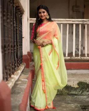 Basil Green Plain Liquid Organza Saree With Bandhani Lace