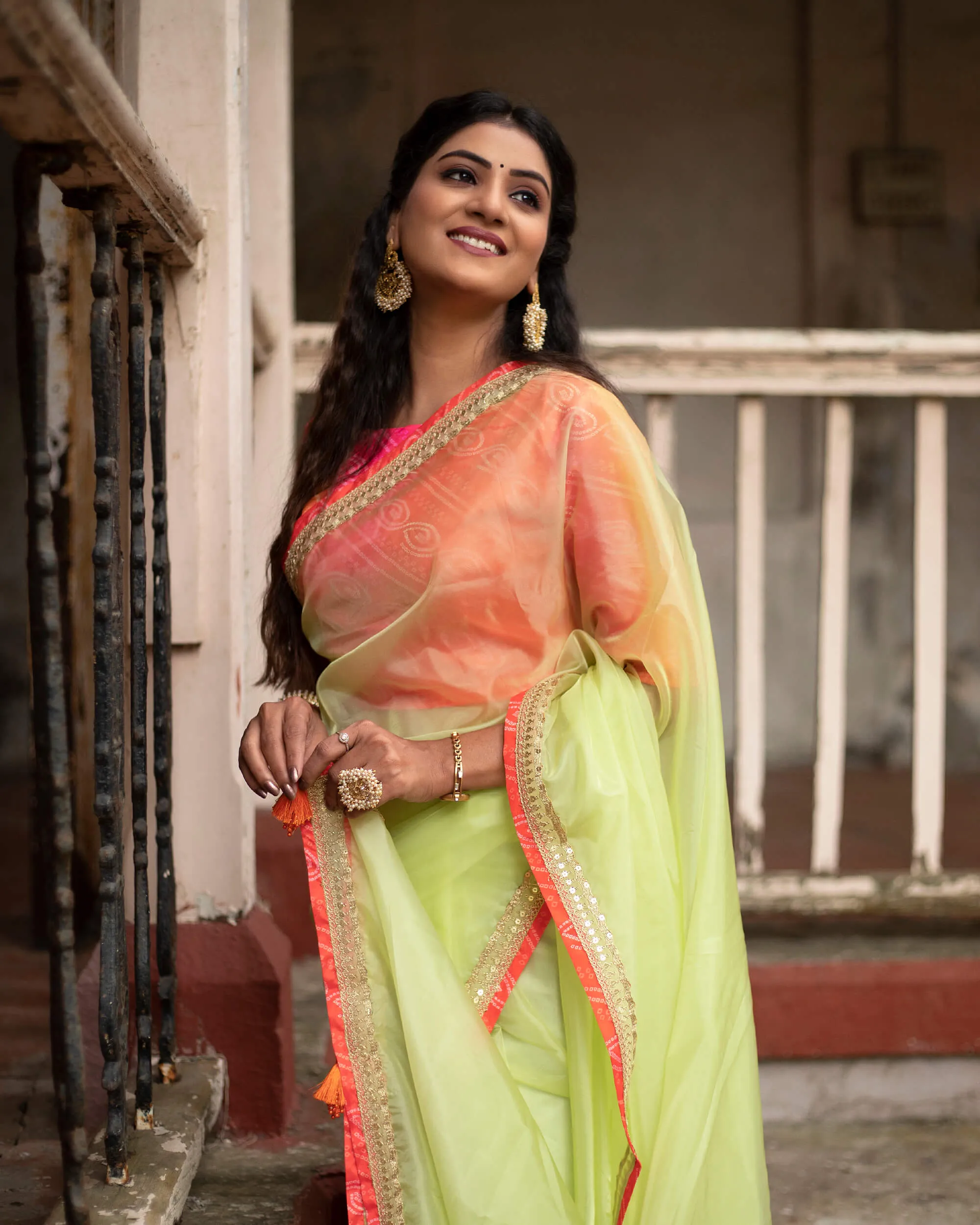 Basil Green Plain Liquid Organza Saree With Bandhani Lace