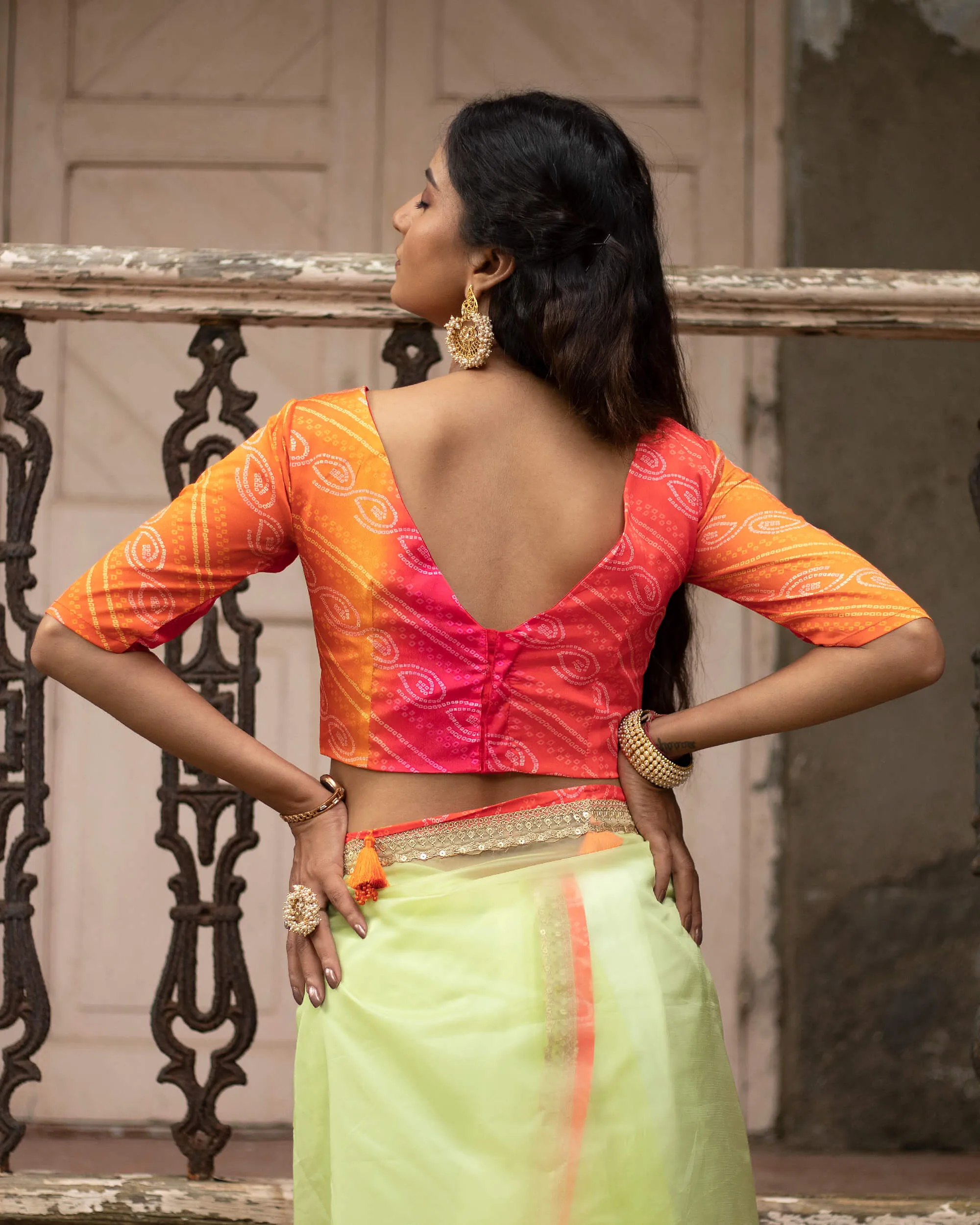 Basil Green Plain Liquid Organza Saree With Bandhani Lace