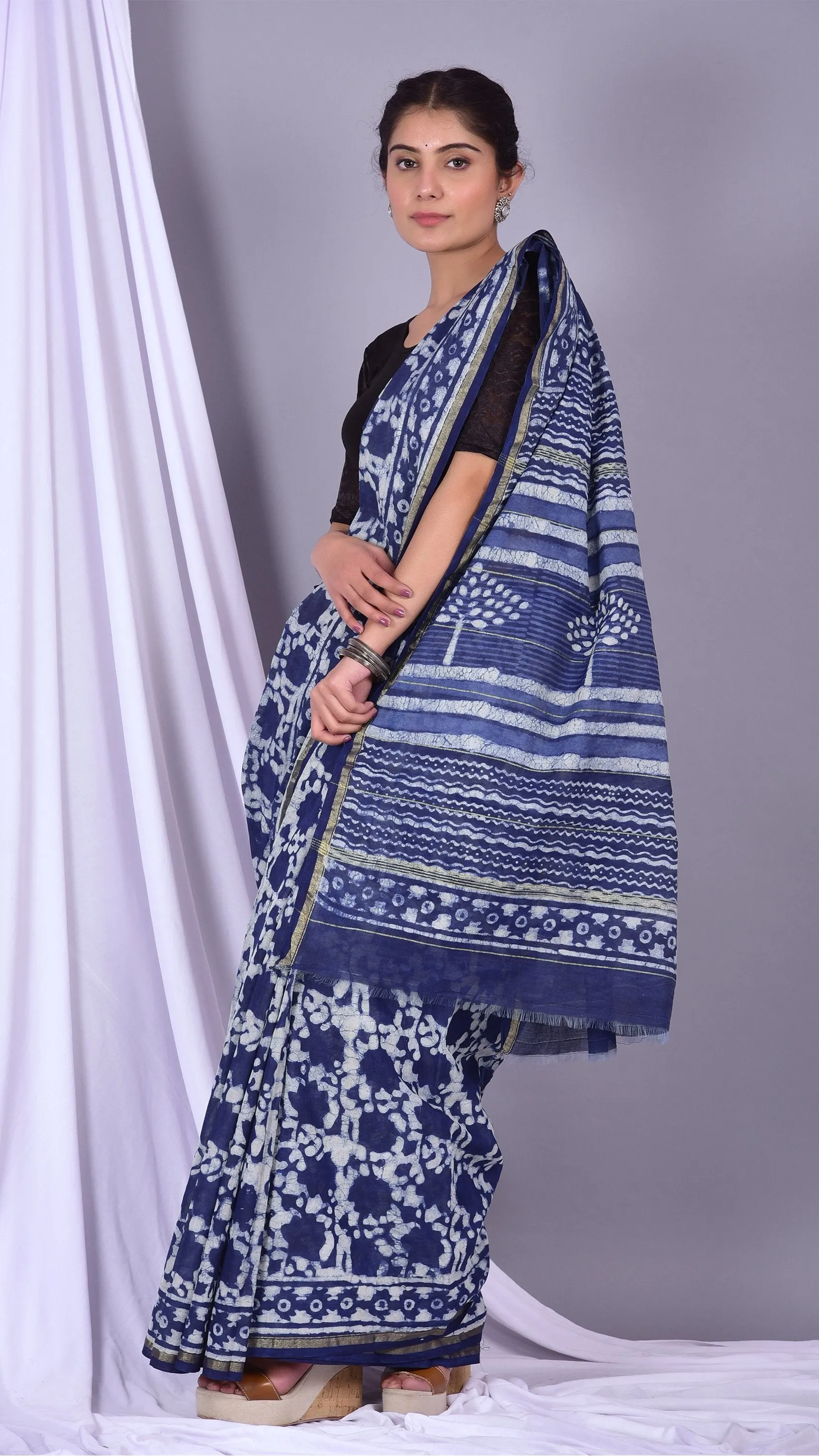 Beautifully Hand carfted Chanderi Indigo Saree (INDCH07)