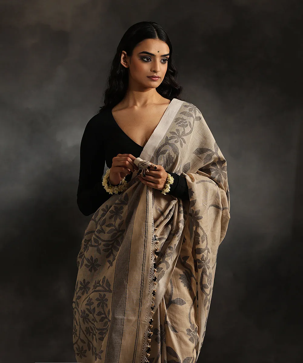 Beige Handloom Pure Tussar Munga Dhakai Jamdani Saree With All Over Black Leaves