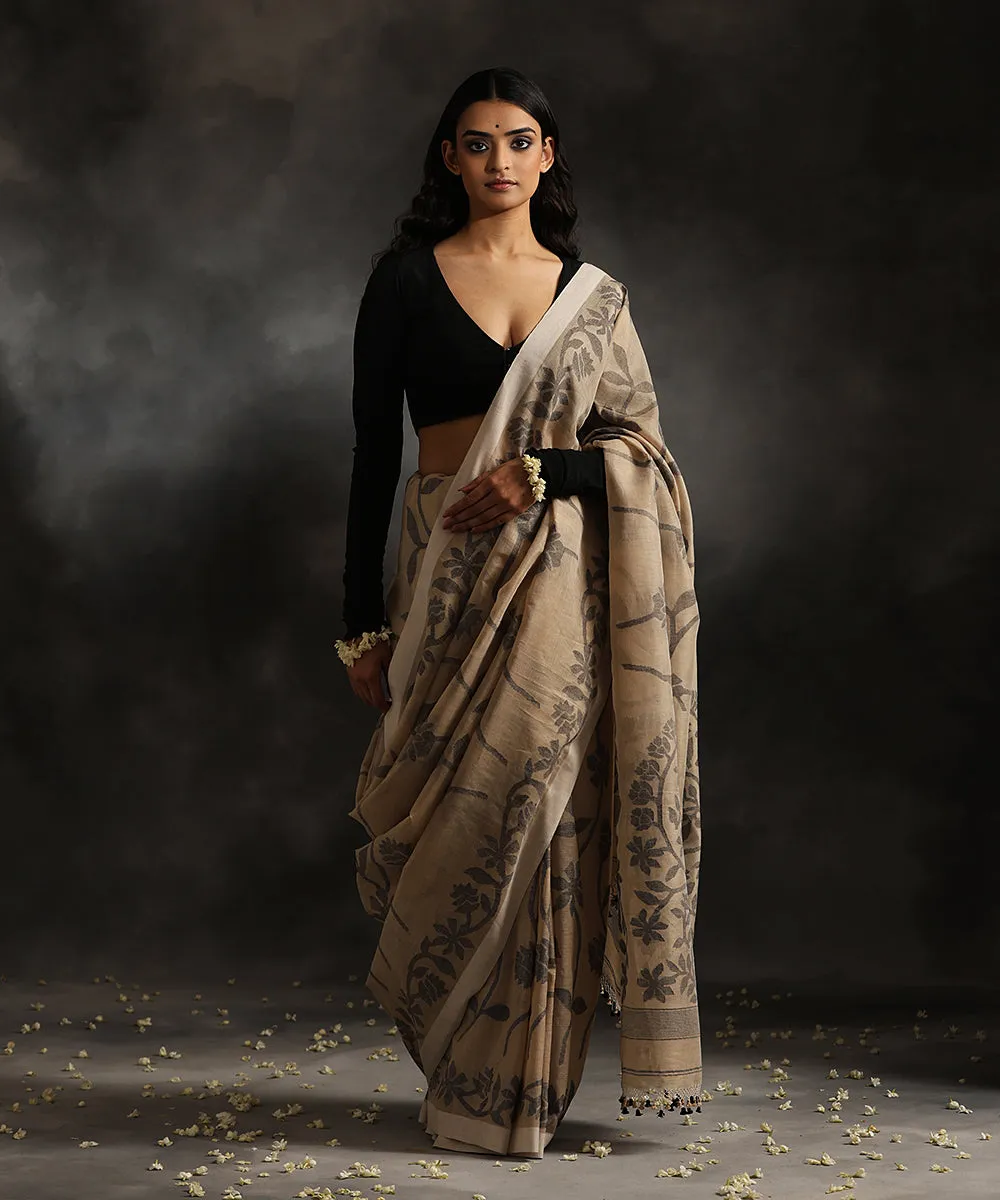 Beige Handloom Pure Tussar Munga Dhakai Jamdani Saree With All Over Black Leaves