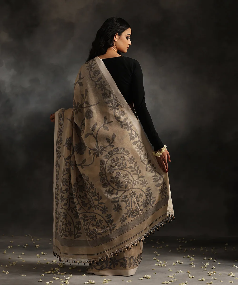 Beige Handloom Pure Tussar Munga Dhakai Jamdani Saree With All Over Black Leaves