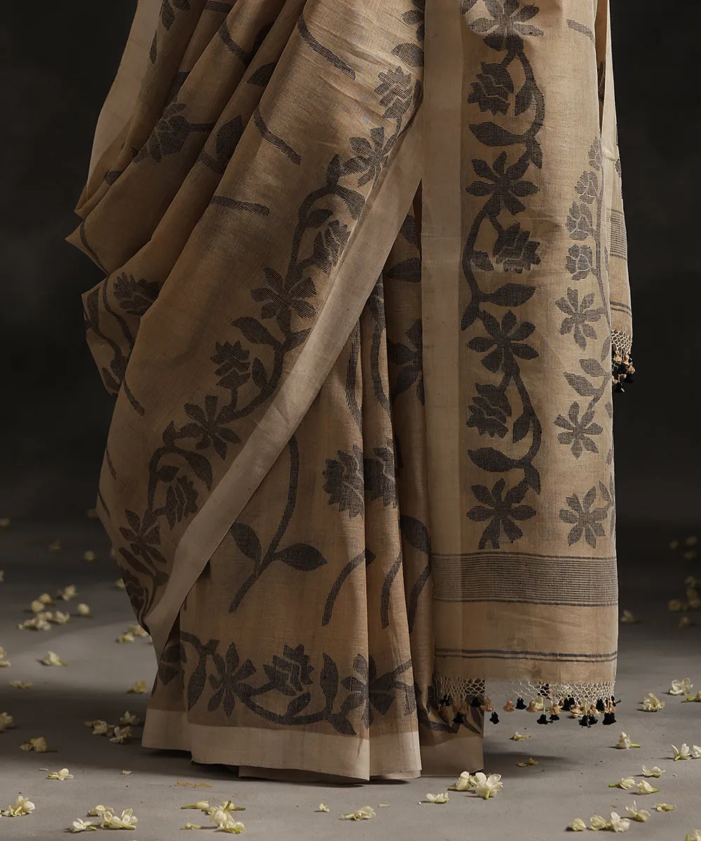 Beige Handloom Pure Tussar Munga Dhakai Jamdani Saree With All Over Black Leaves