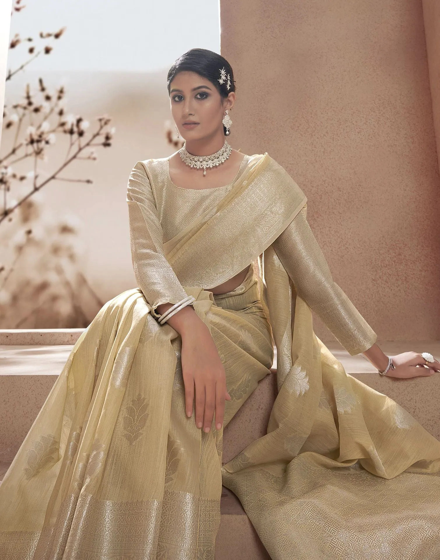 Beige Jacquard Saree