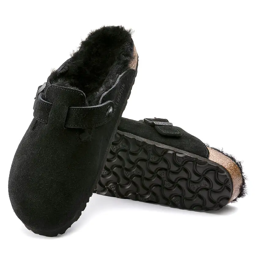 Birkenstock UNISEX Boston Shearling Suede Leather (Black - Wide Fit)