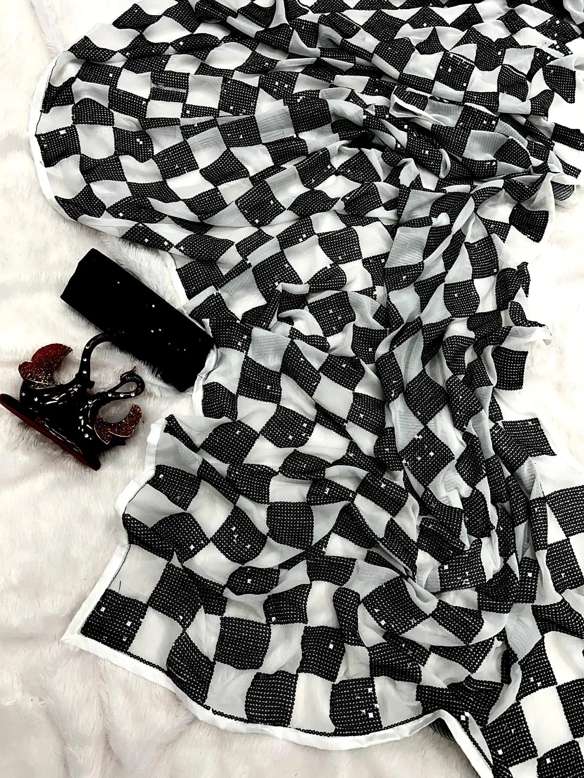 Black and White Chess Board Design Sequins Saree for Women -SATYA001CS