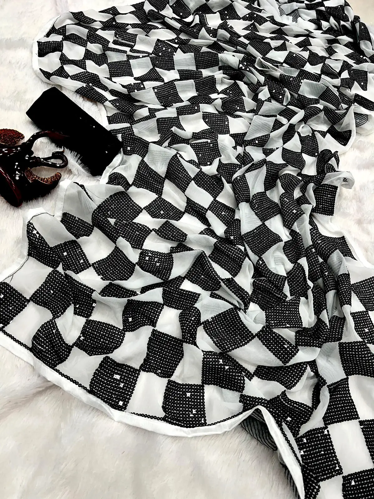 Black and White Chess Board Design Sequins Saree for Women -SATYA001CS