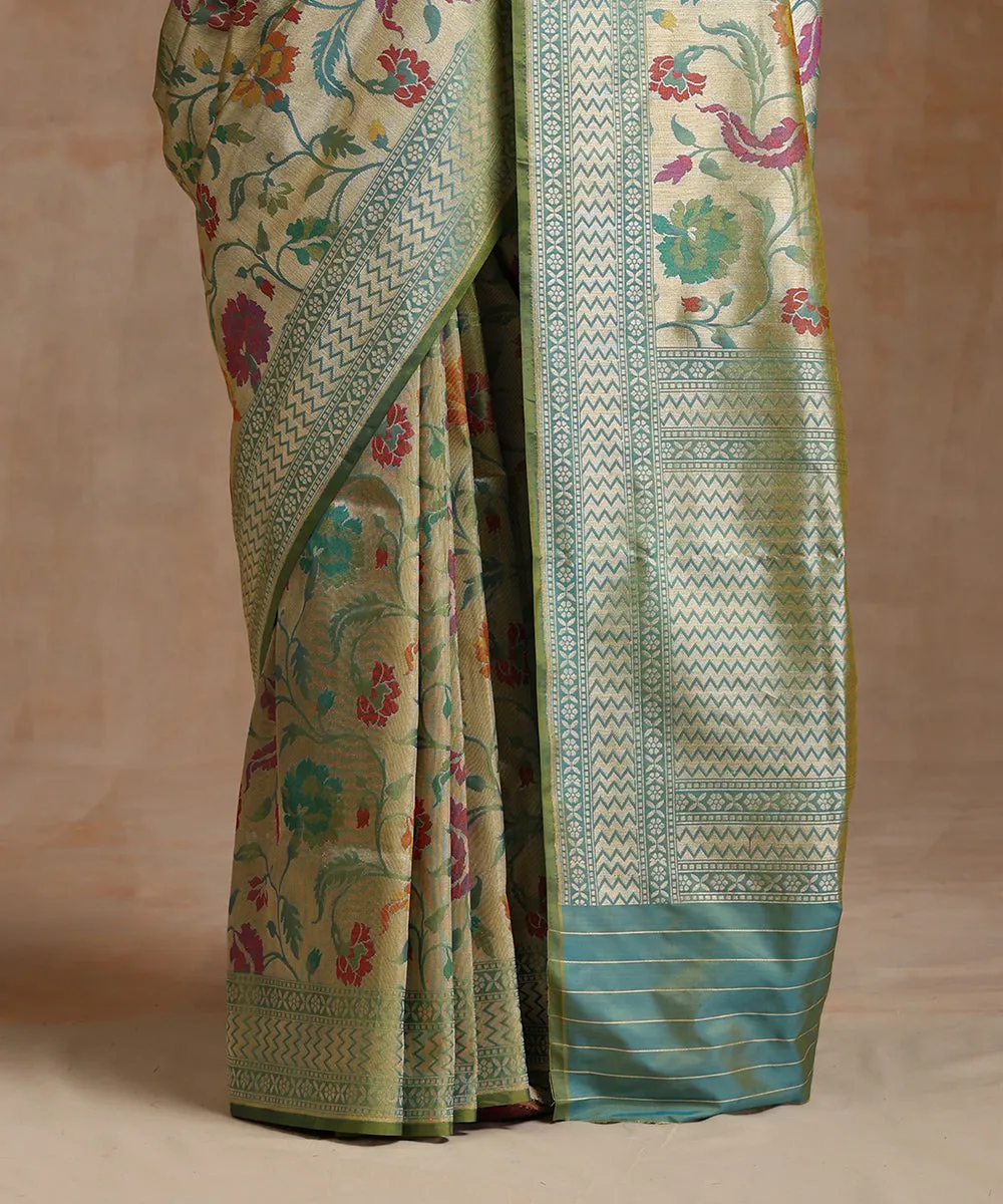 Blue Dual Tone Handloom Pure Katan Silk Kimkhab Banarasi Saree With Zari Base