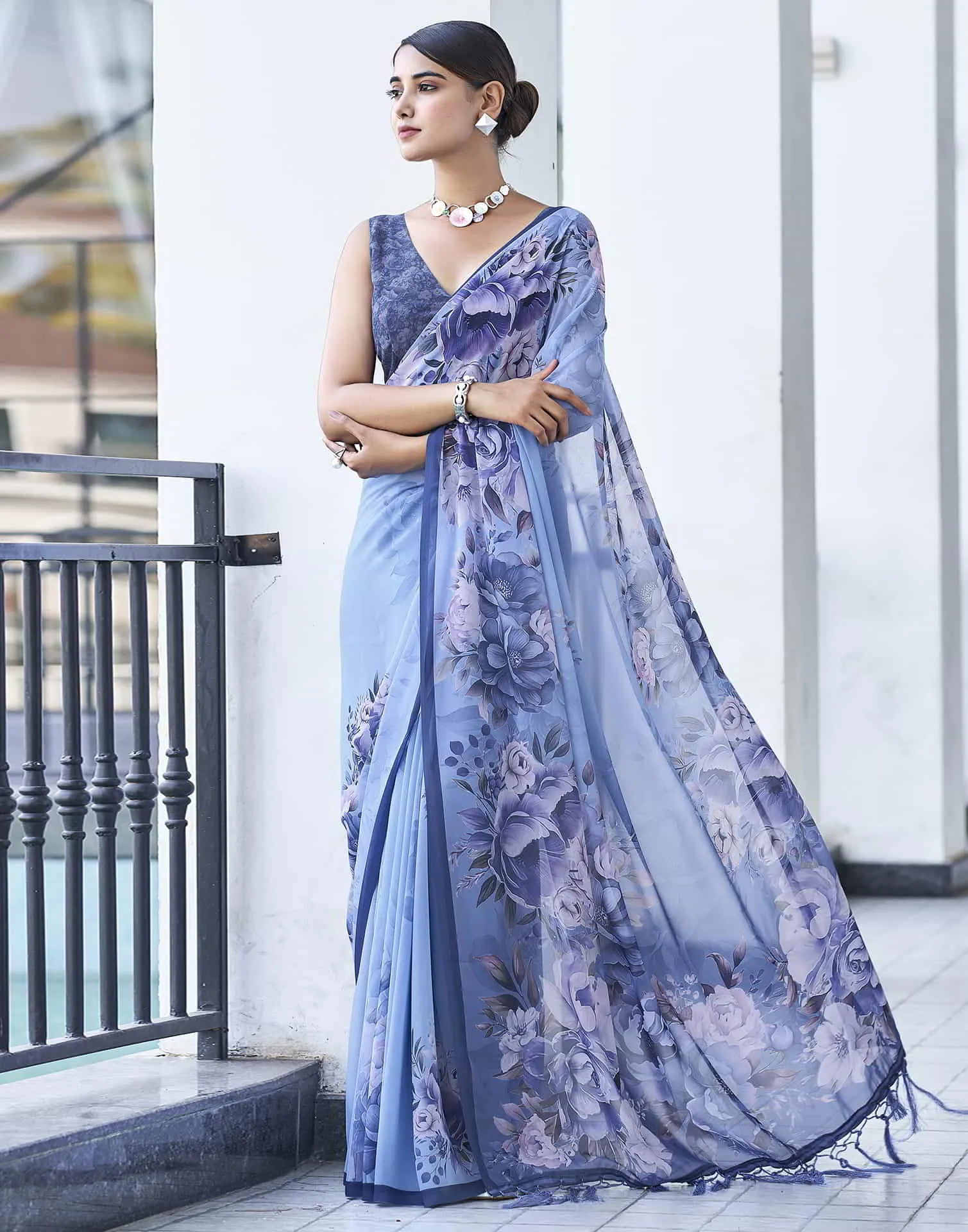 Blue Printed Georgette Saree