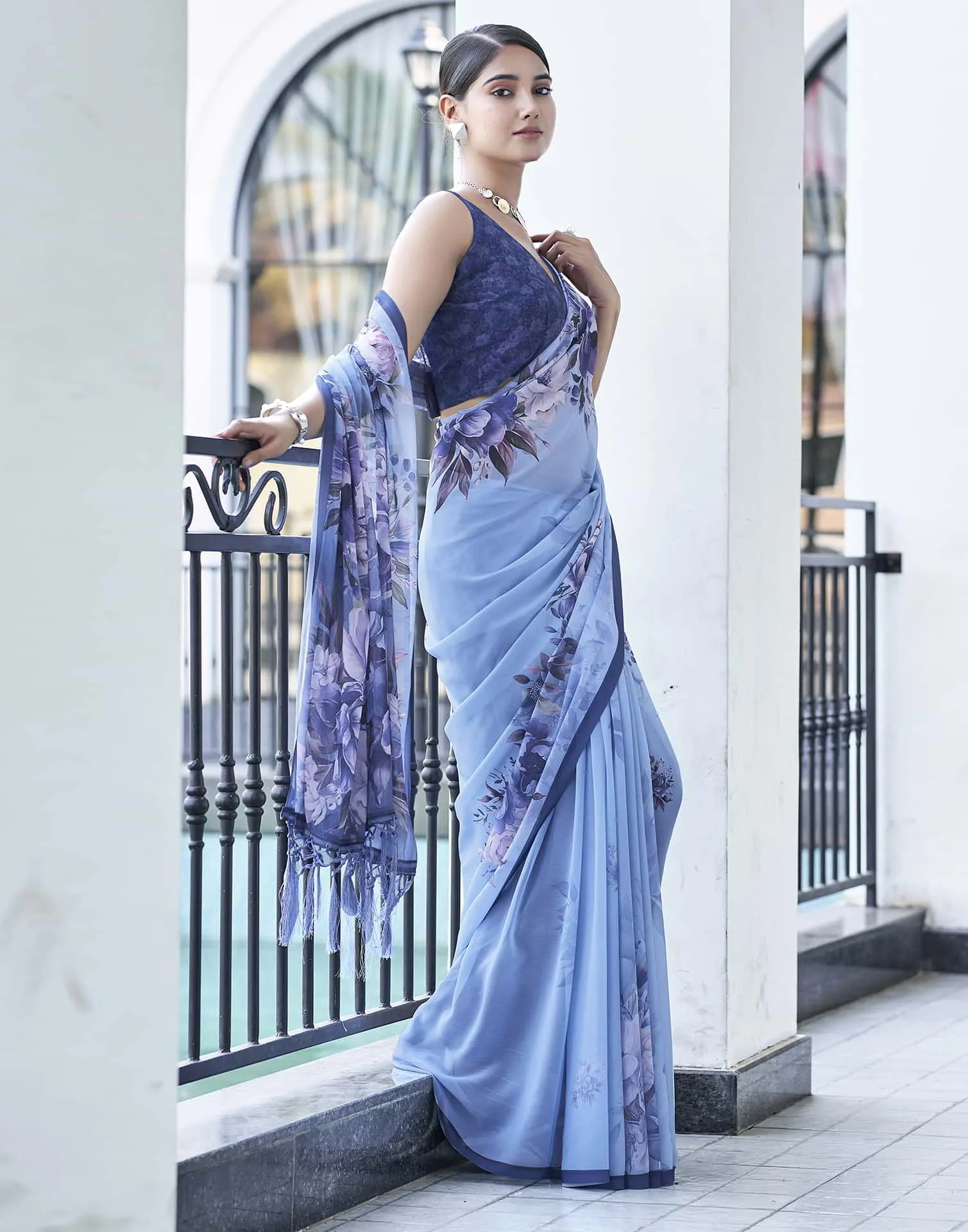 Blue Printed Georgette Saree