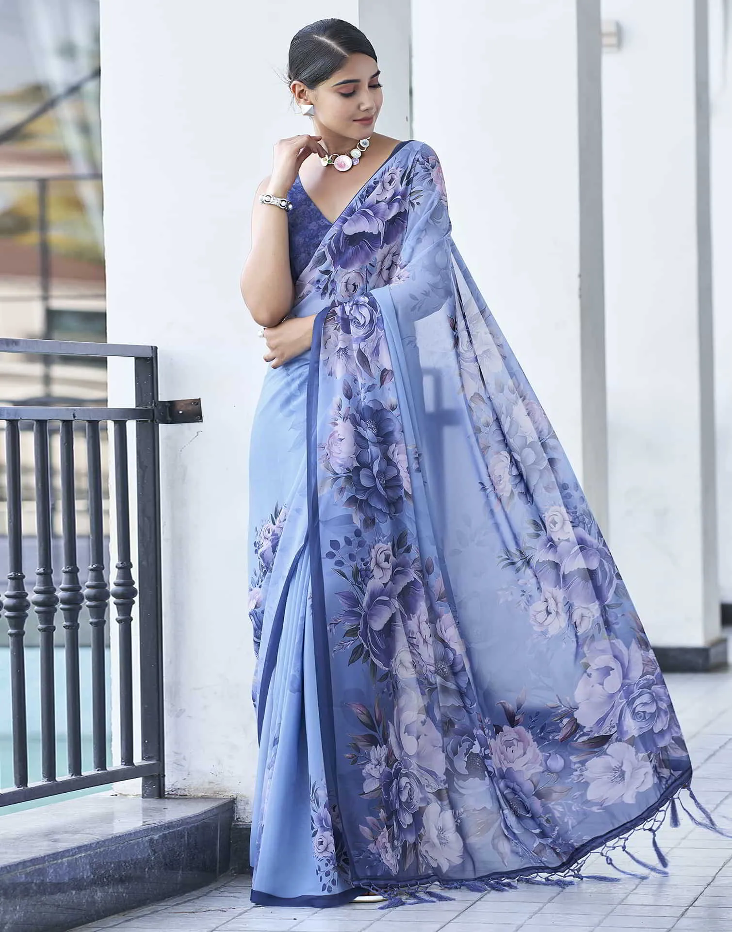 Blue Printed Georgette Saree