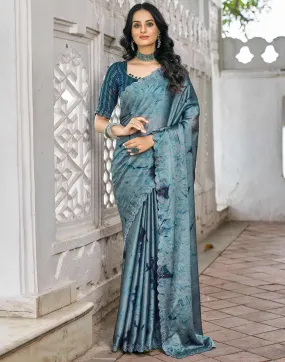 Blue Printed Georgette Stone Work Saree