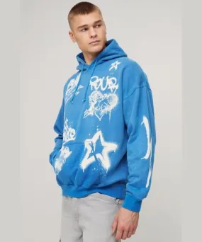 boohoo Mens Washed Graffiti Printed Hoodie