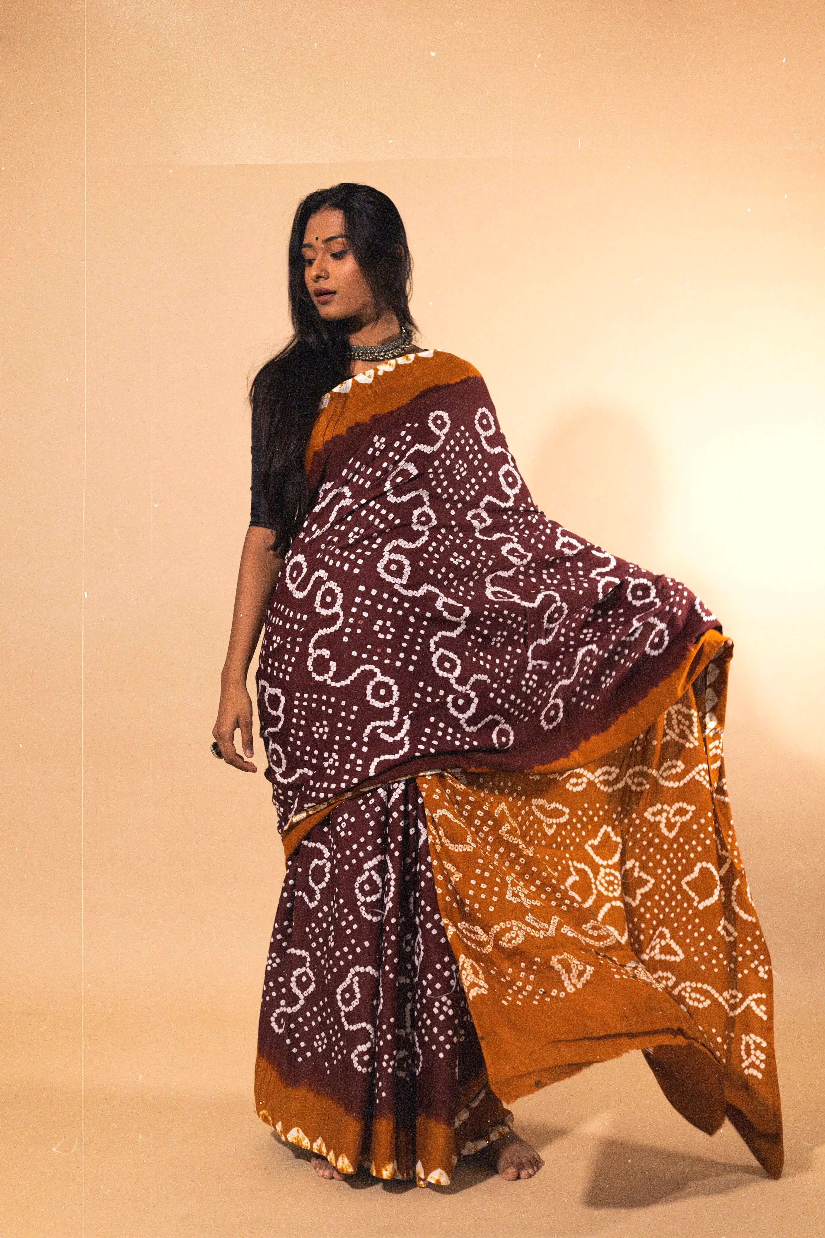 Boond - Bandhani mustard and brown cotton Bandhani cotton saree