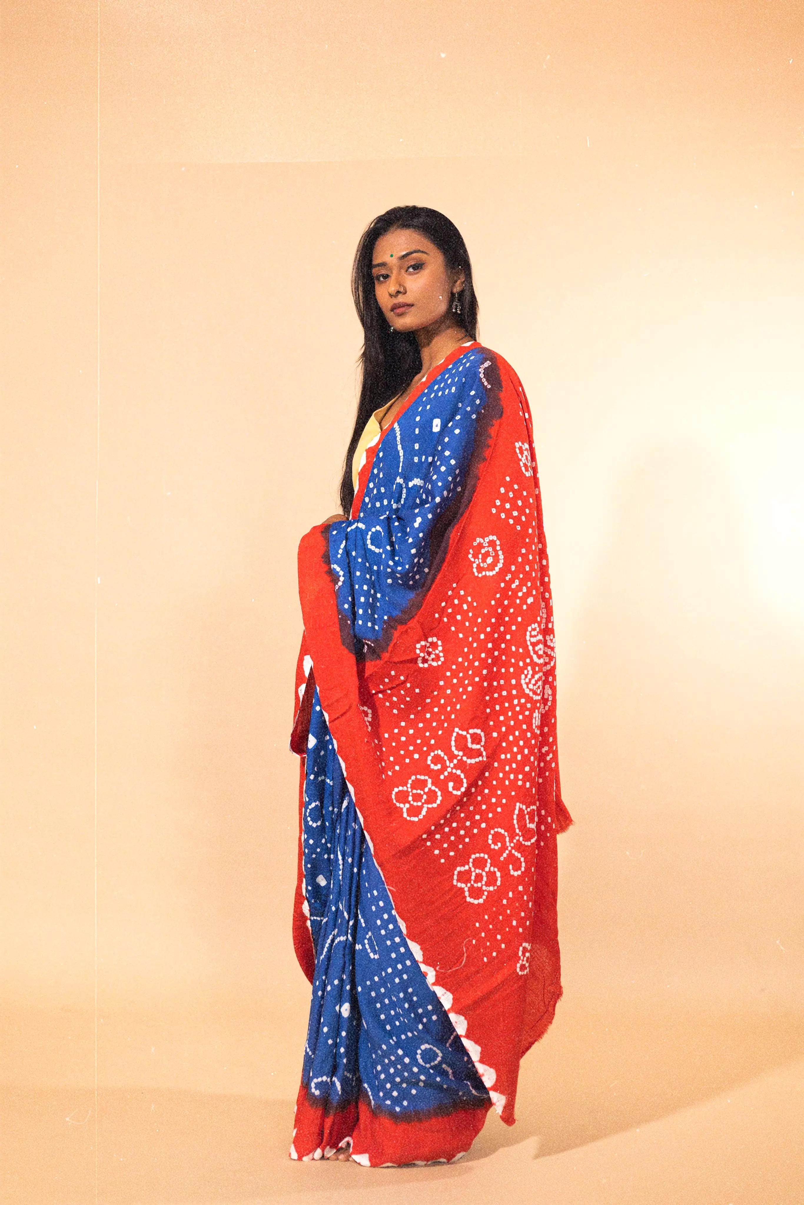 Boond - Kaisori Bandhani orange and blue Bandani  cotton designer saree