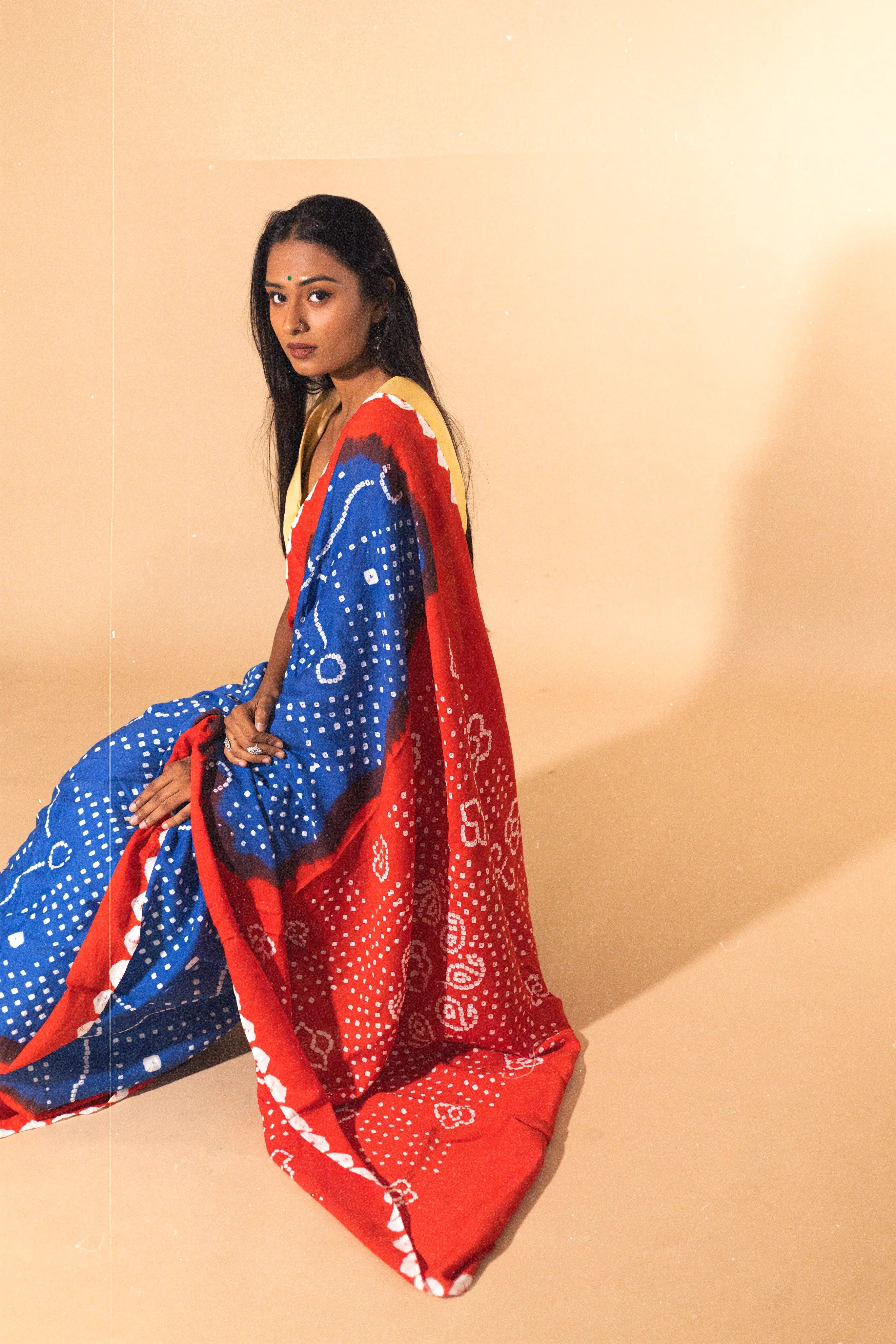 Boond - Kaisori Bandhani orange and blue Bandani  cotton designer saree