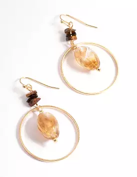 Brown Mixed Bead Open Circle Drop Earrings