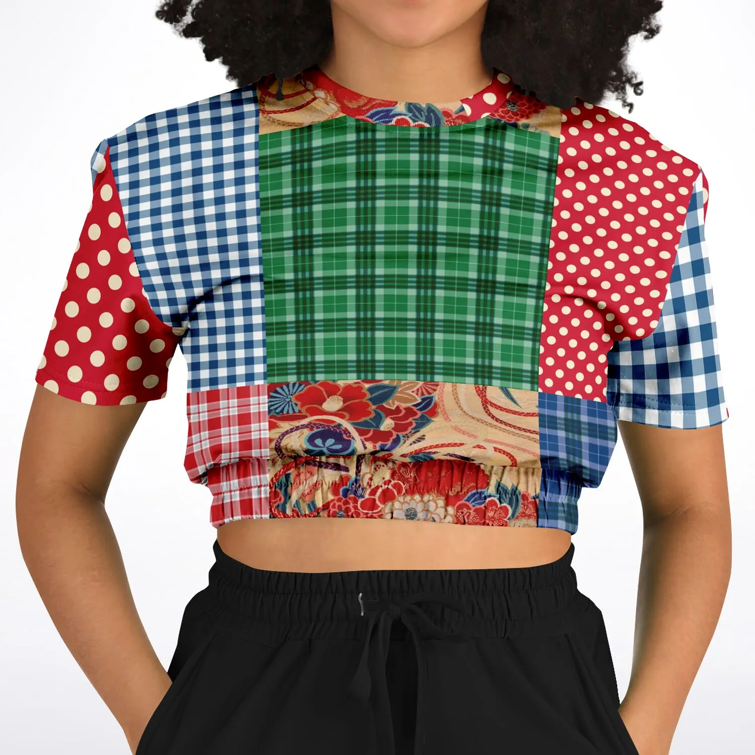 Busan Fleur Plaid Patchwork Short Sleeve Cropped Eco-Poly Sweater