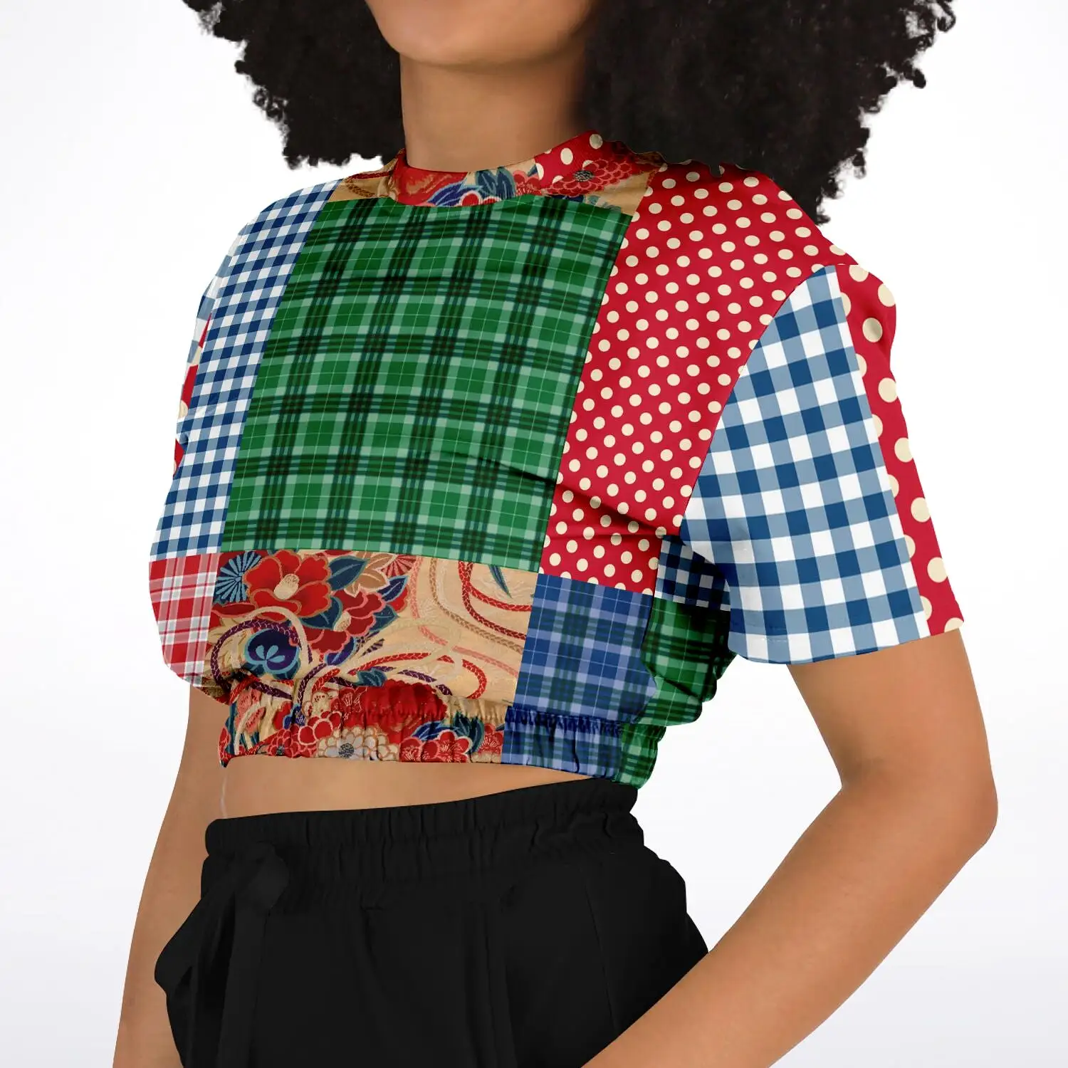 Busan Fleur Plaid Patchwork Short Sleeve Cropped Eco-Poly Sweater