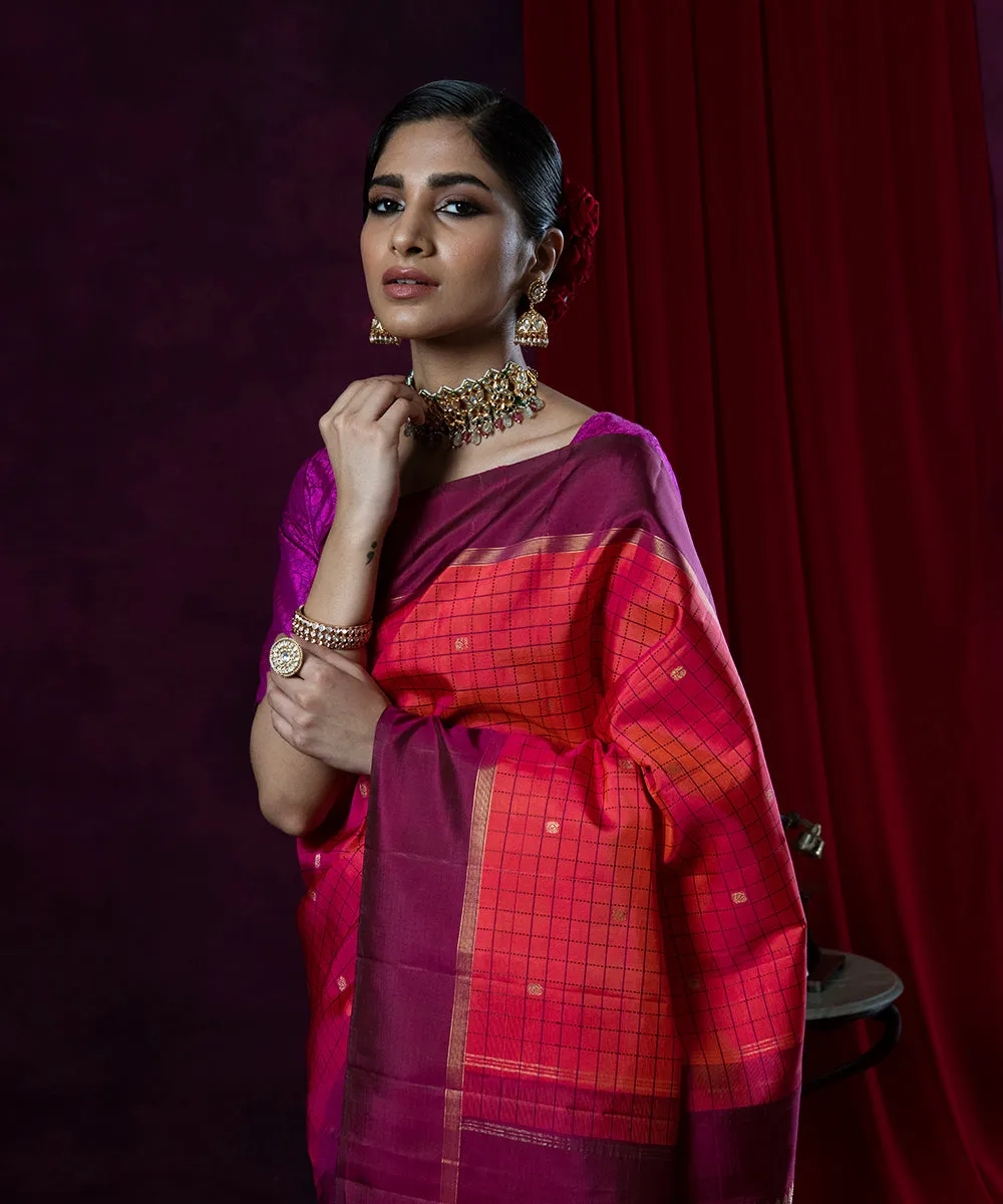 Coral And Pink Handloom Checks Kanjivaram Silk Saree With Pure Zari