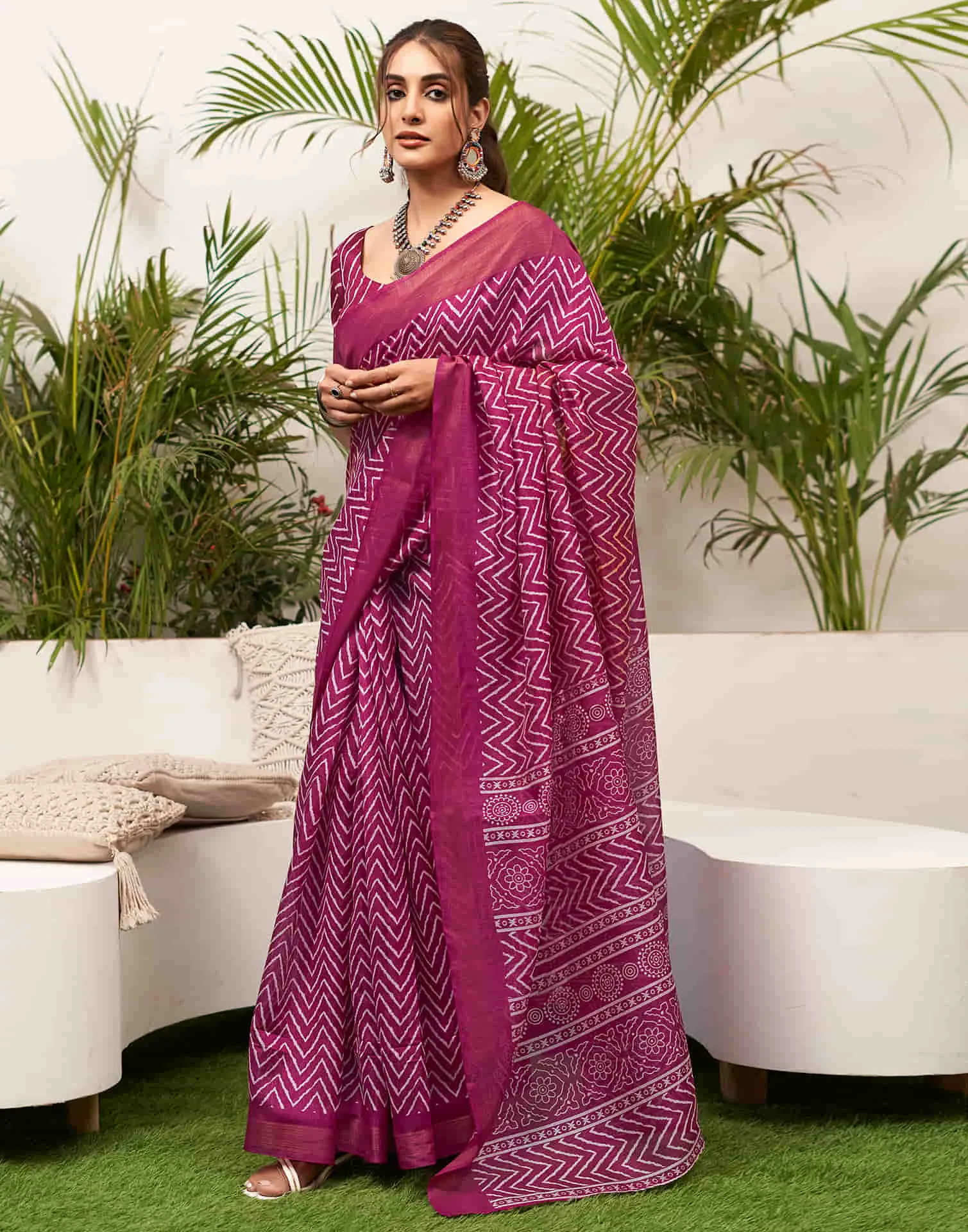 Dark Purple Cotton Printed Saree