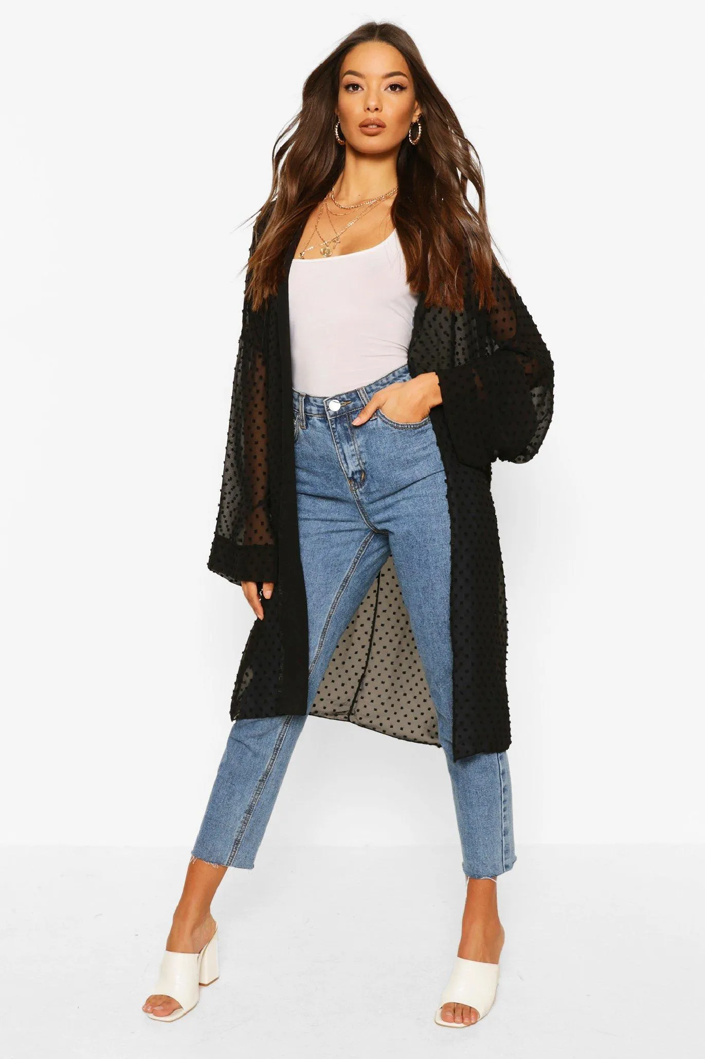 Dobby Mesh Flared Sleeve Kimono