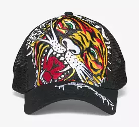 Double Tiger Head Trucker Mens Hat (Black/Yellow)