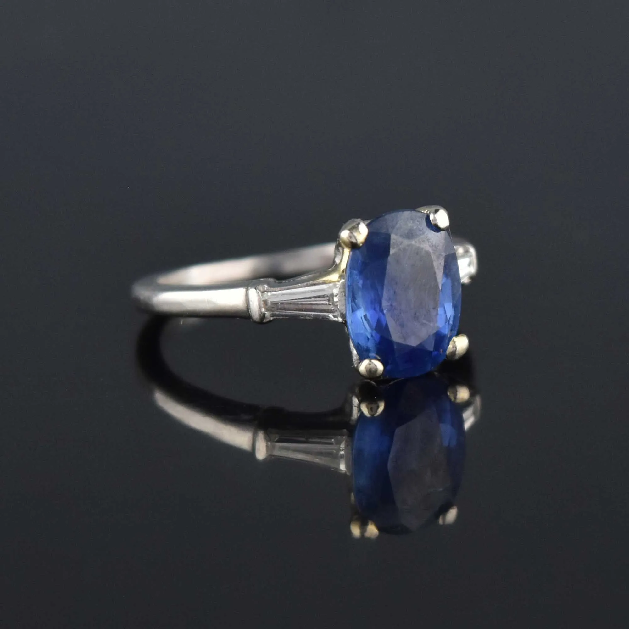 Estate Platinum Natural Sapphire Baguette Diamond Ring