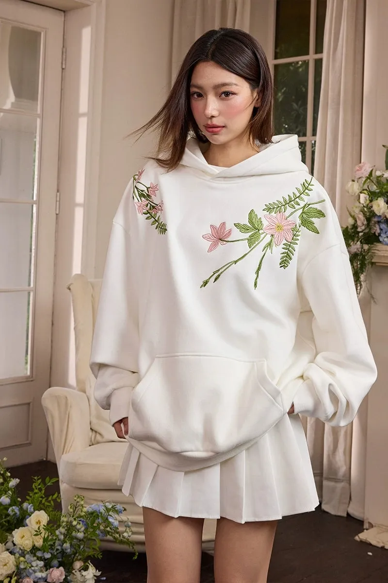 Floral Embroidery Fleece Hoodie