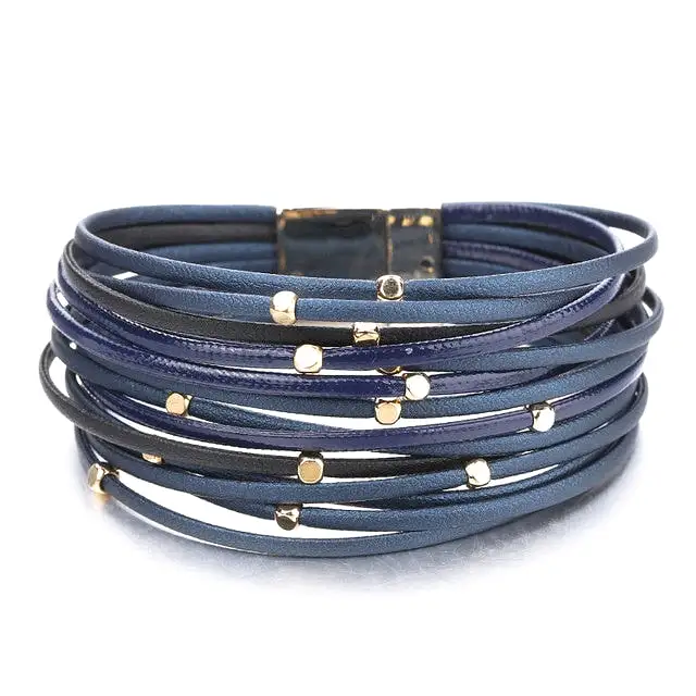 Fresh Accessories - Golden Rain Navy Leather Wrap Bracelet