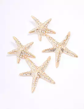 Gold Double Diamante Starfish Drop Earrings