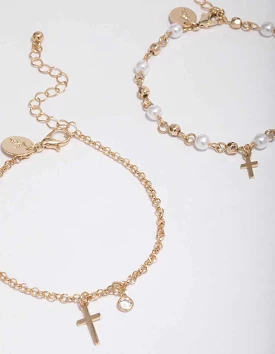 Gold Pearl Cross Bracelet Pack