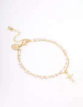 Gold Plated Diamante & Pearl Layered Bracelet