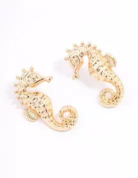 Gold Seahorse Statement Stud Earrings