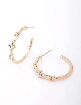 Gold Square Diamante Encased Hoop Earrings