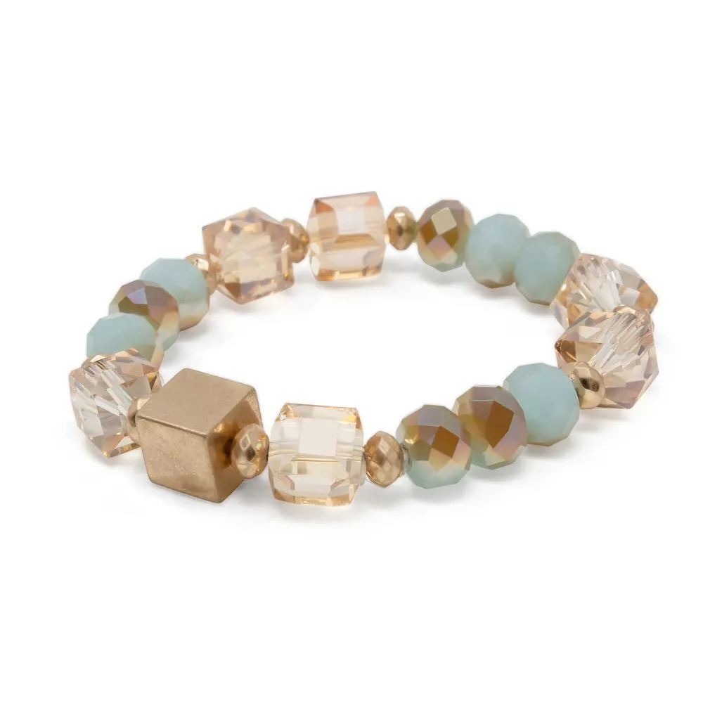 Green Glass Beaded Stretch Bracelet with Gold Tone Cube