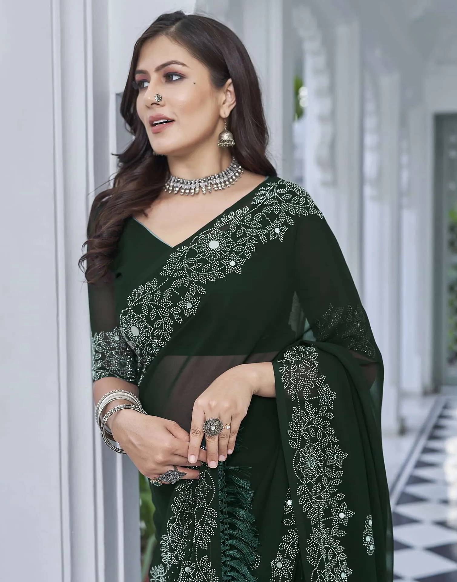 Green Swarovski Georgette Stone Work Saree