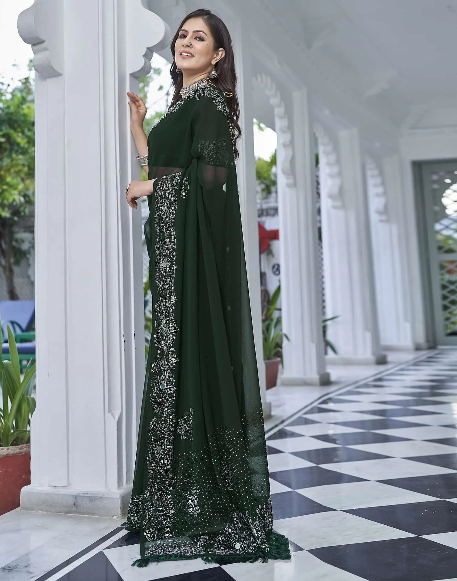 Green Swarovski Georgette Stone Work Saree