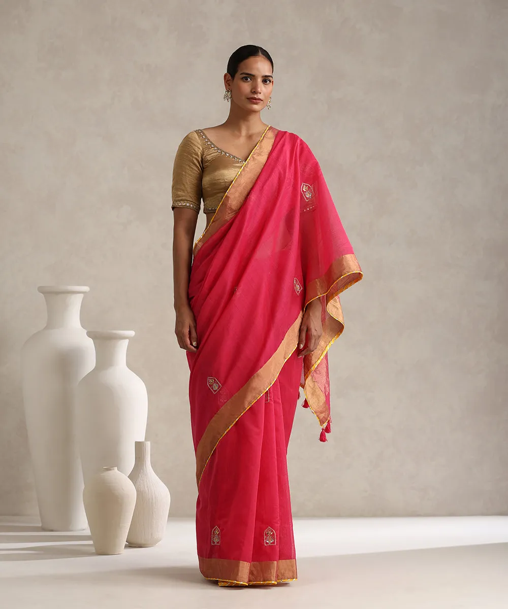 Gulal Pink Handloom Pure Chanderi Saree With Hand Embroidery And Yellow Lace