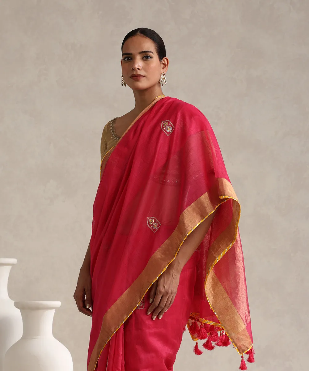 Gulal Pink Handloom Pure Chanderi Saree With Hand Embroidery And Yellow Lace