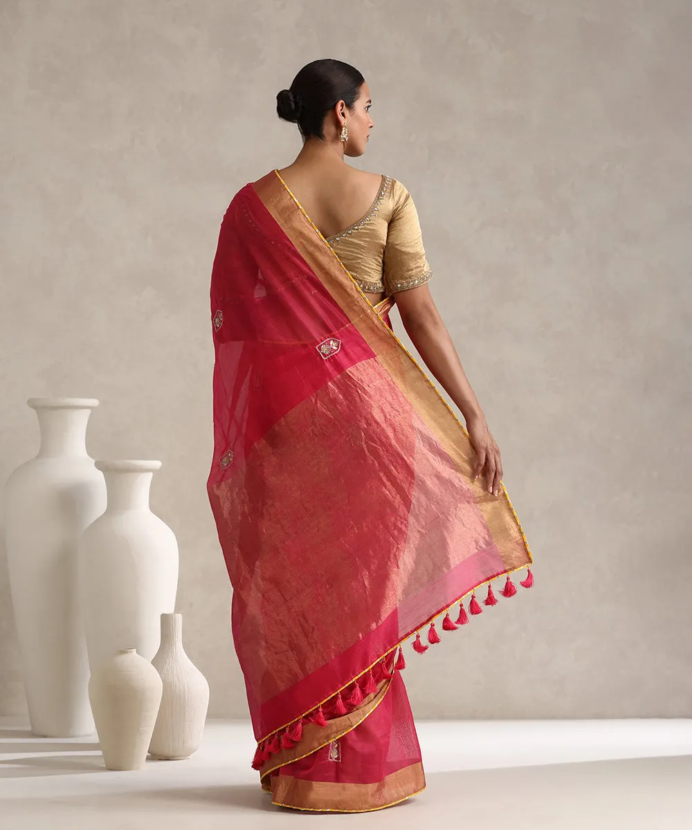 Gulal Pink Handloom Pure Chanderi Saree With Hand Embroidery And Yellow Lace