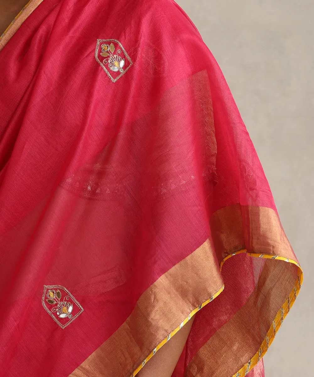 Gulal Pink Handloom Pure Chanderi Saree With Hand Embroidery And Yellow Lace